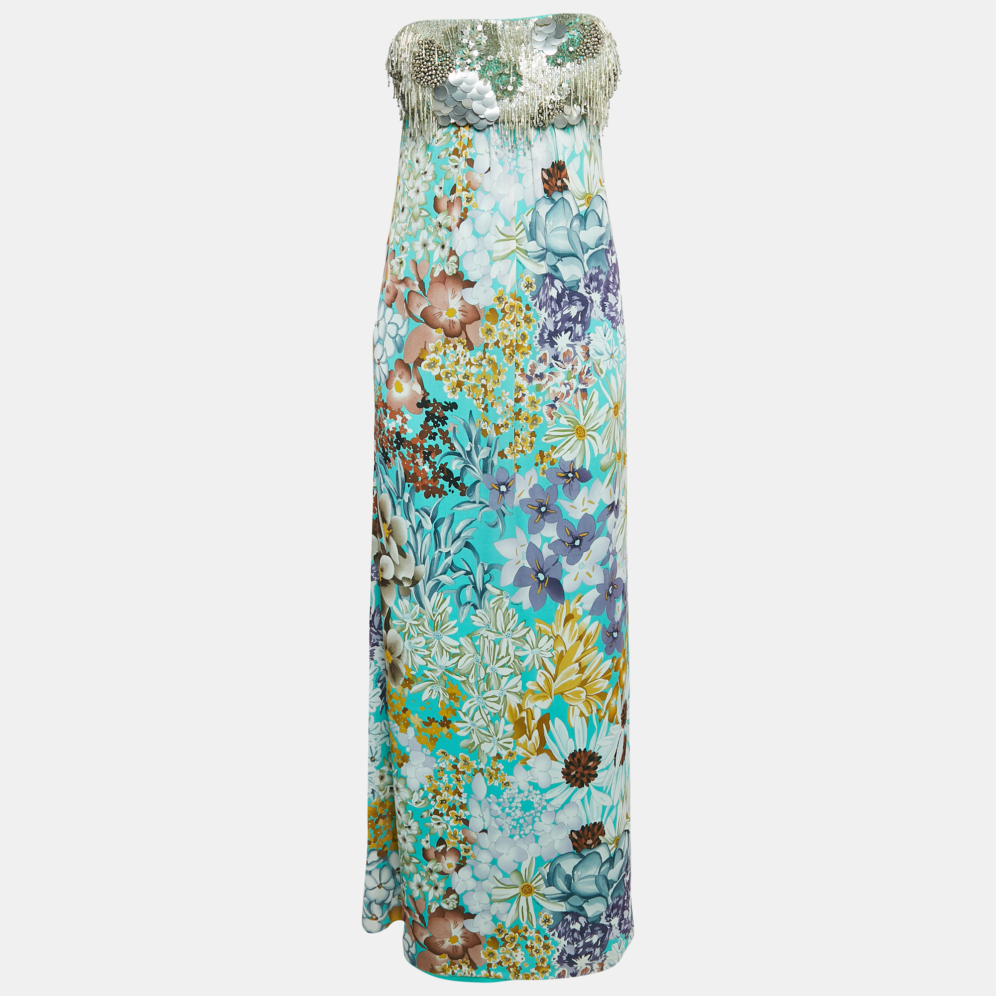 

Missoni Multicolor Floral Print Embellished Silk Strapless Long Dress L