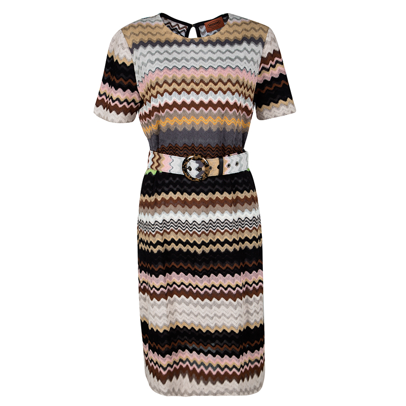 Pre Owned Missoni Multicolor Wool Wave Pattern Belted Dress L