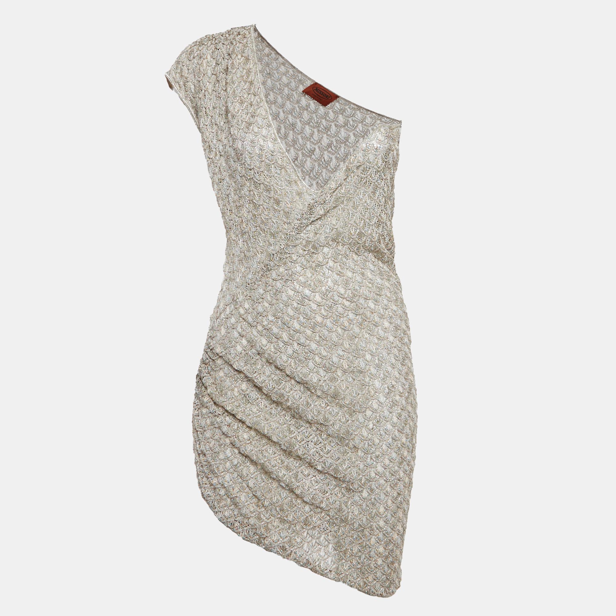 

Missoni Grey Lurex Crochet Ruche One Shoulder Mini Dress M