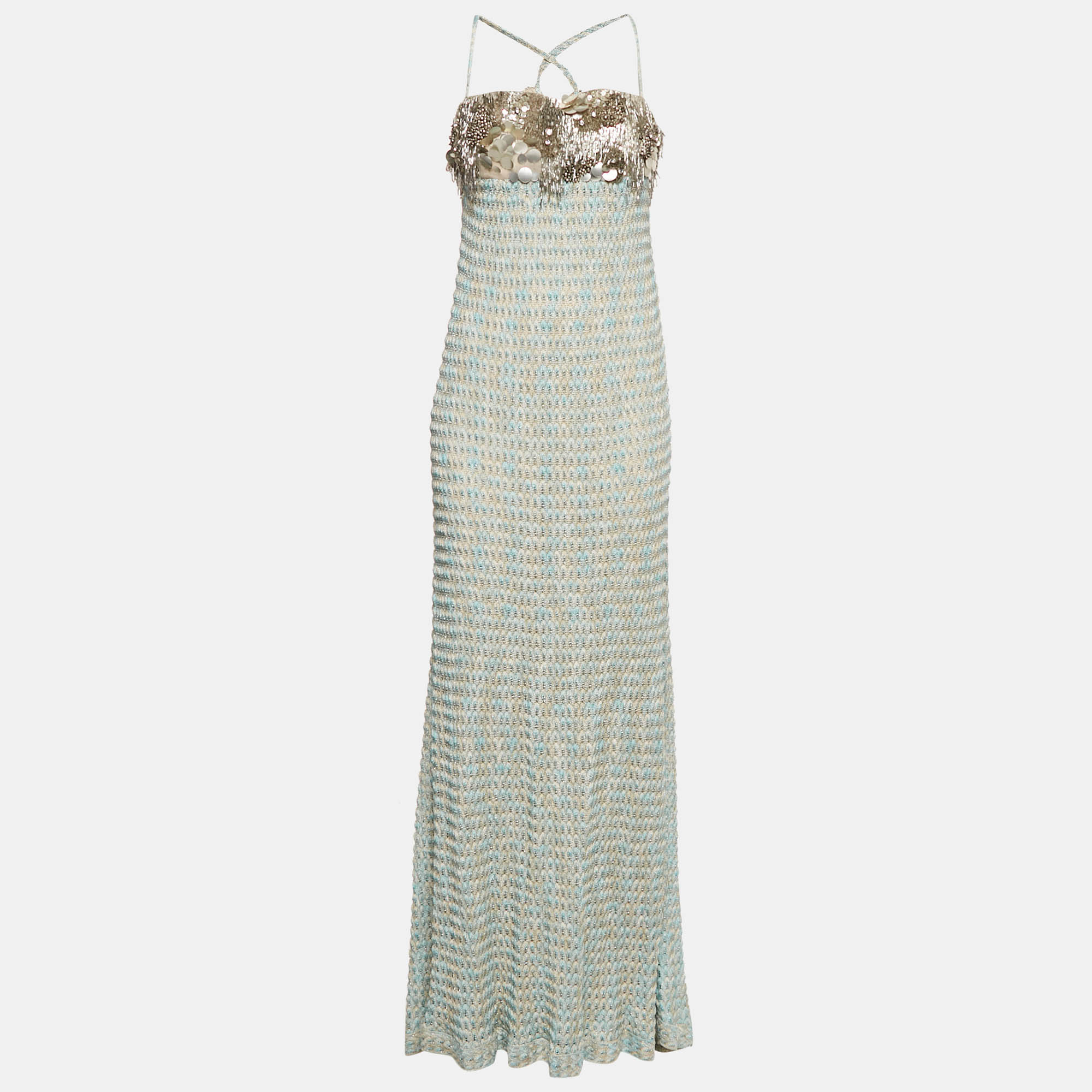 

Missoni Blue Embellished Crochet Knit Strappy Maxi Dress S