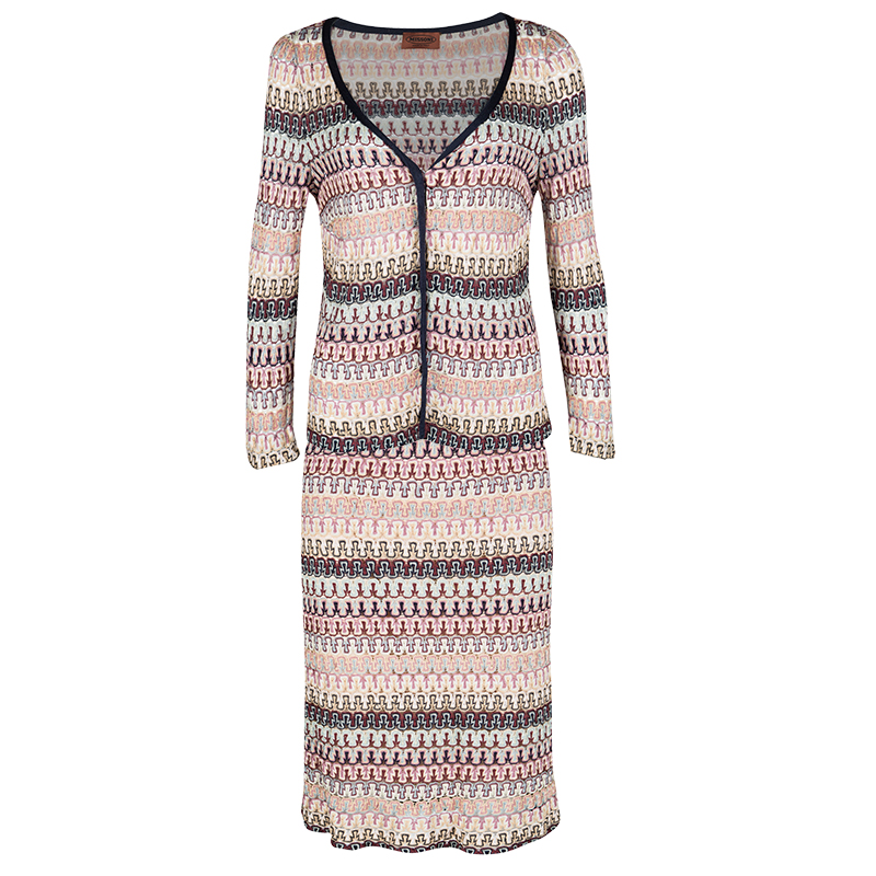Pre Owned Missoni Multicolor Patterned Perforated Knit Cardigan and Skirt Set L