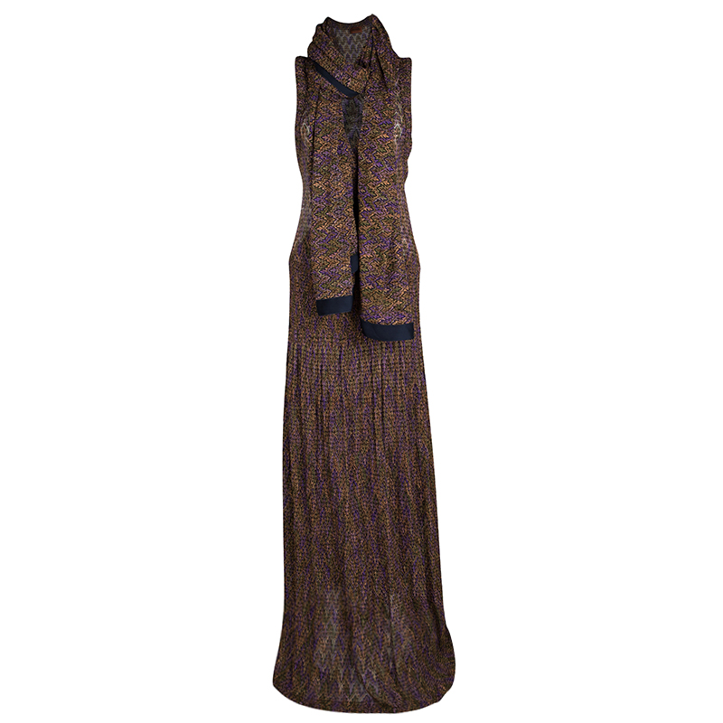 Pre Owned Missoni Multicolor Perforated Lurex Knit Sleeveless Maxi Dress and Scarf Set L