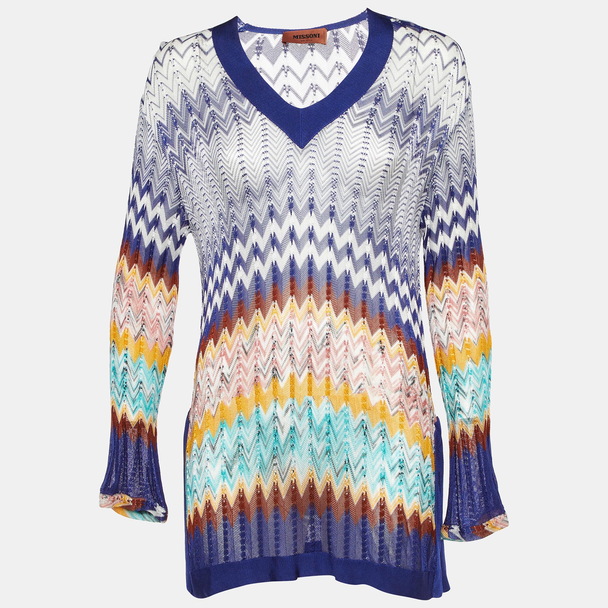 

Missoni Blue Chevron Knit V-Neck Sheer Tunic S