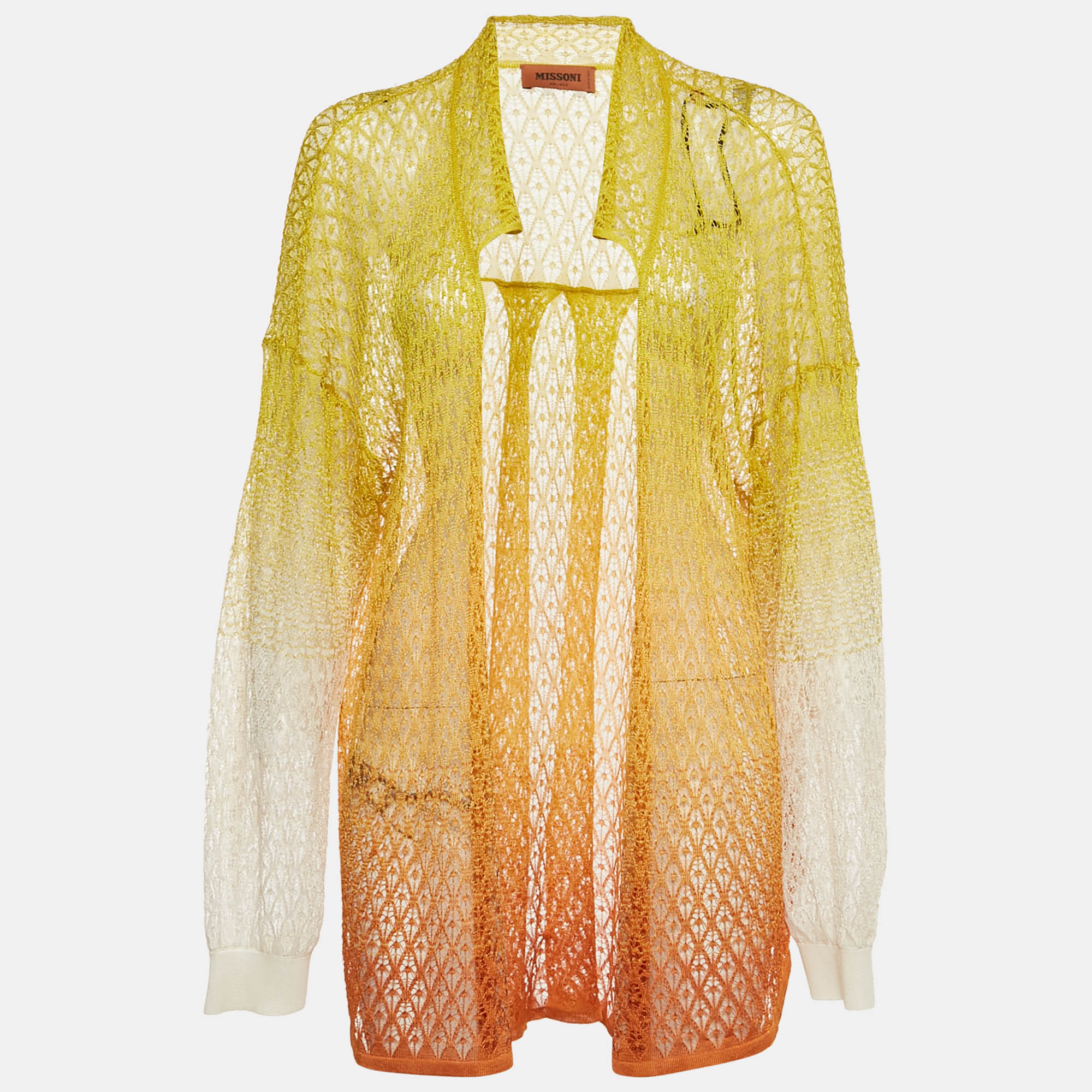 Pre-owned Missoni Yellow/orange Ombre Crochet Knit Sheer Cardigan M