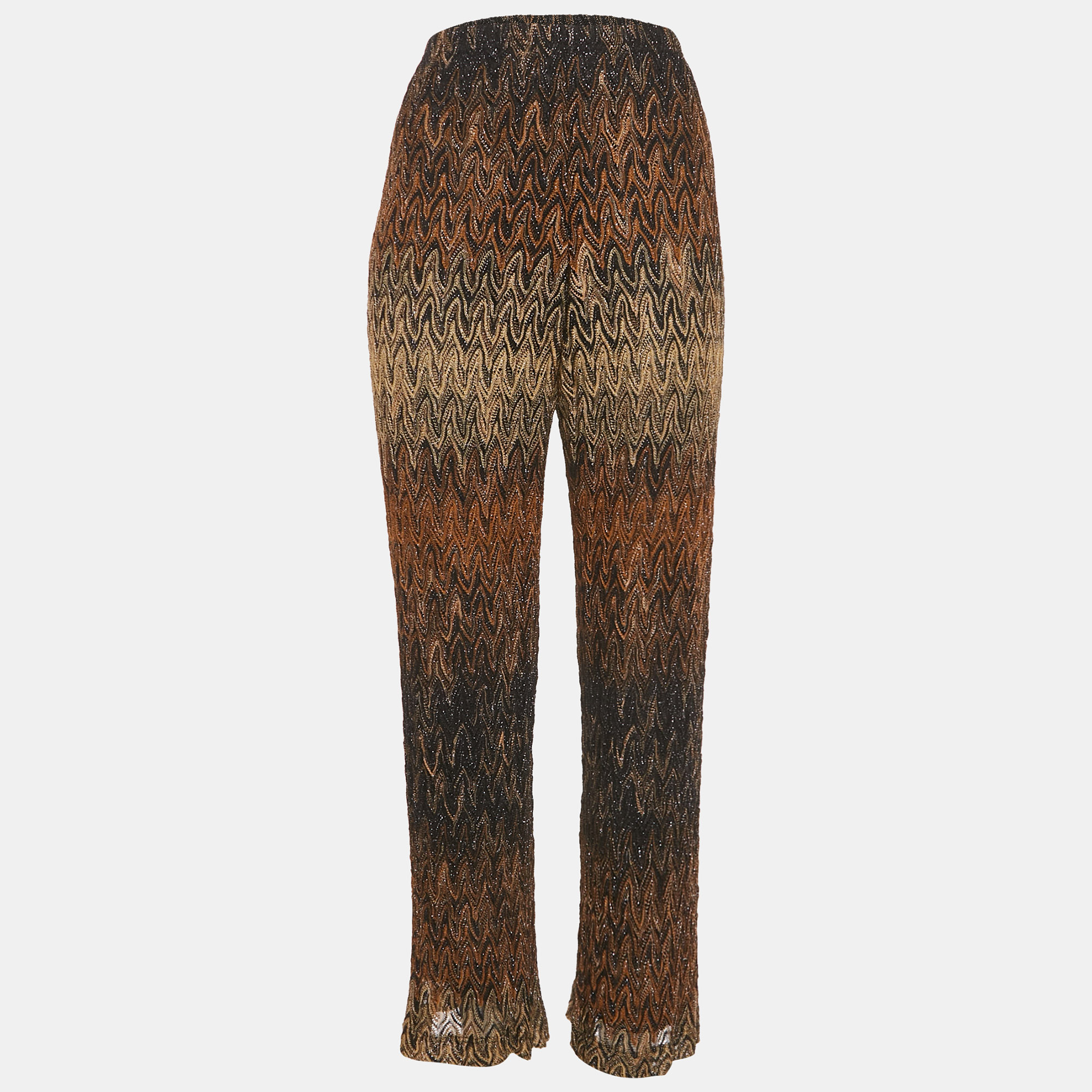 Pre-owned Missoni Brown Patterned Lurex Knit Flared Trousers M