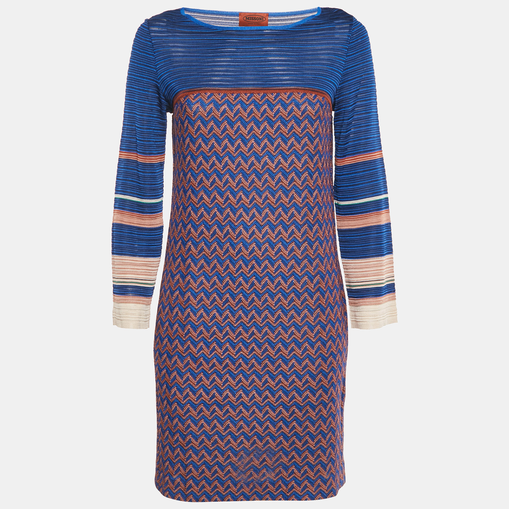 Pre-owned Missoni Blue Zig Zag Knit Mini Dress S