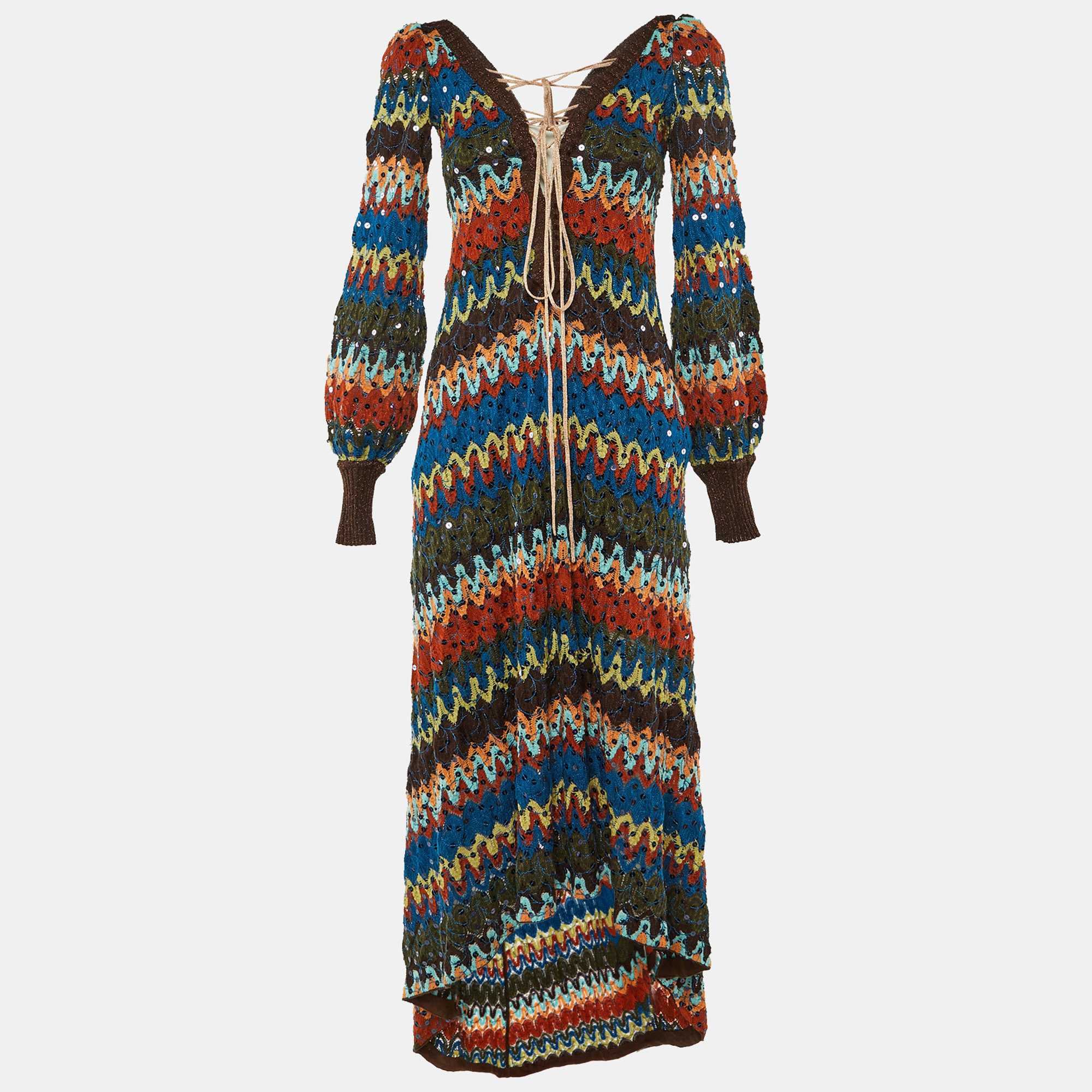 Pre-owned Missoni Multicolor Zig Zag Knit Sequin Embellished High Low Maxi Dress M