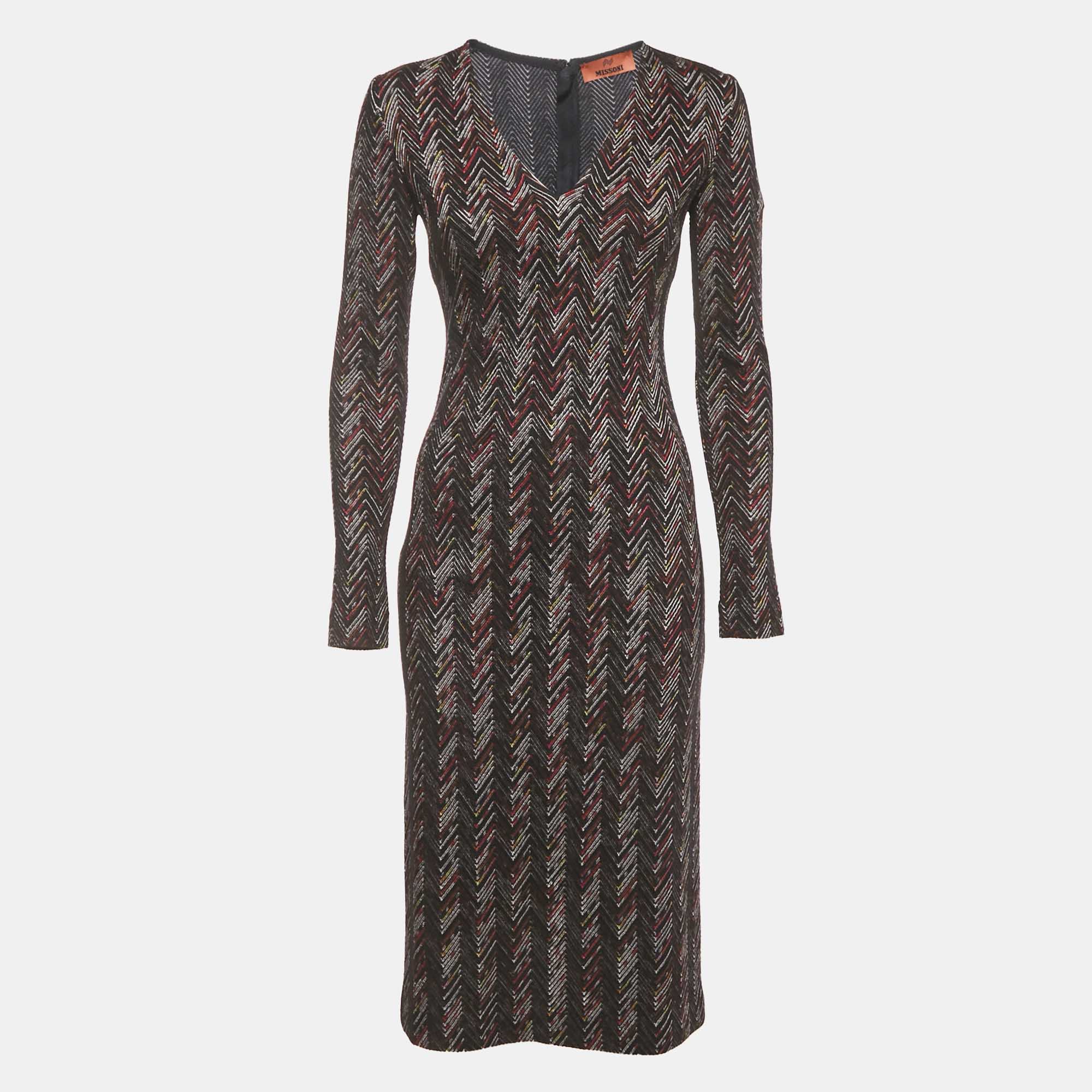

Missoni Black Zig Zag Knit V-Neck Sheath Dress S