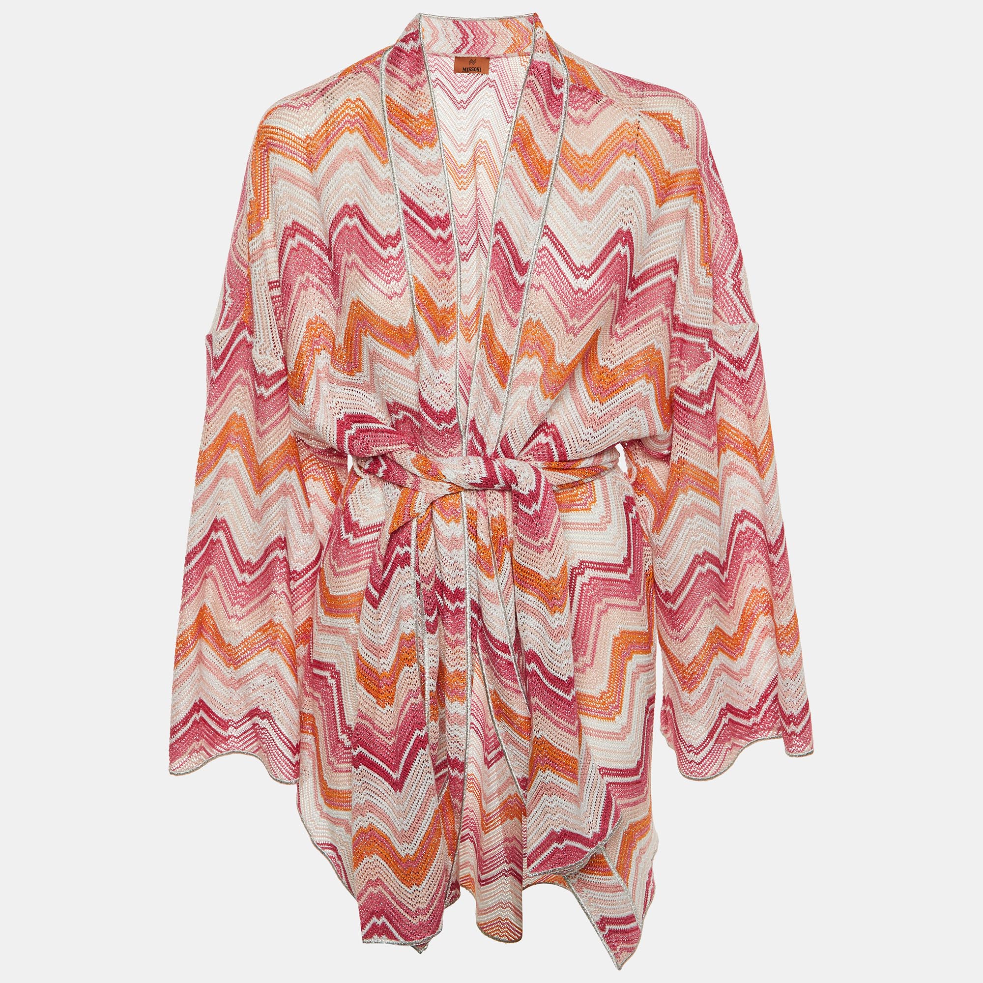 

Missoni Pink Chevron Lurex Knit Belted Cardigan M