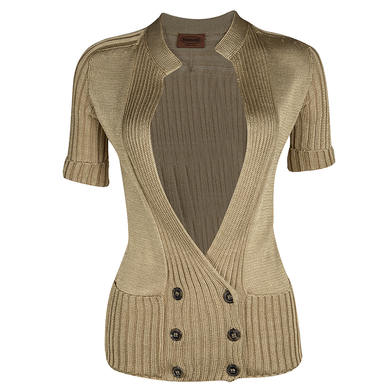 Pre Owned Missoni Gold Rib Knit Short Sleeve Cardigan S