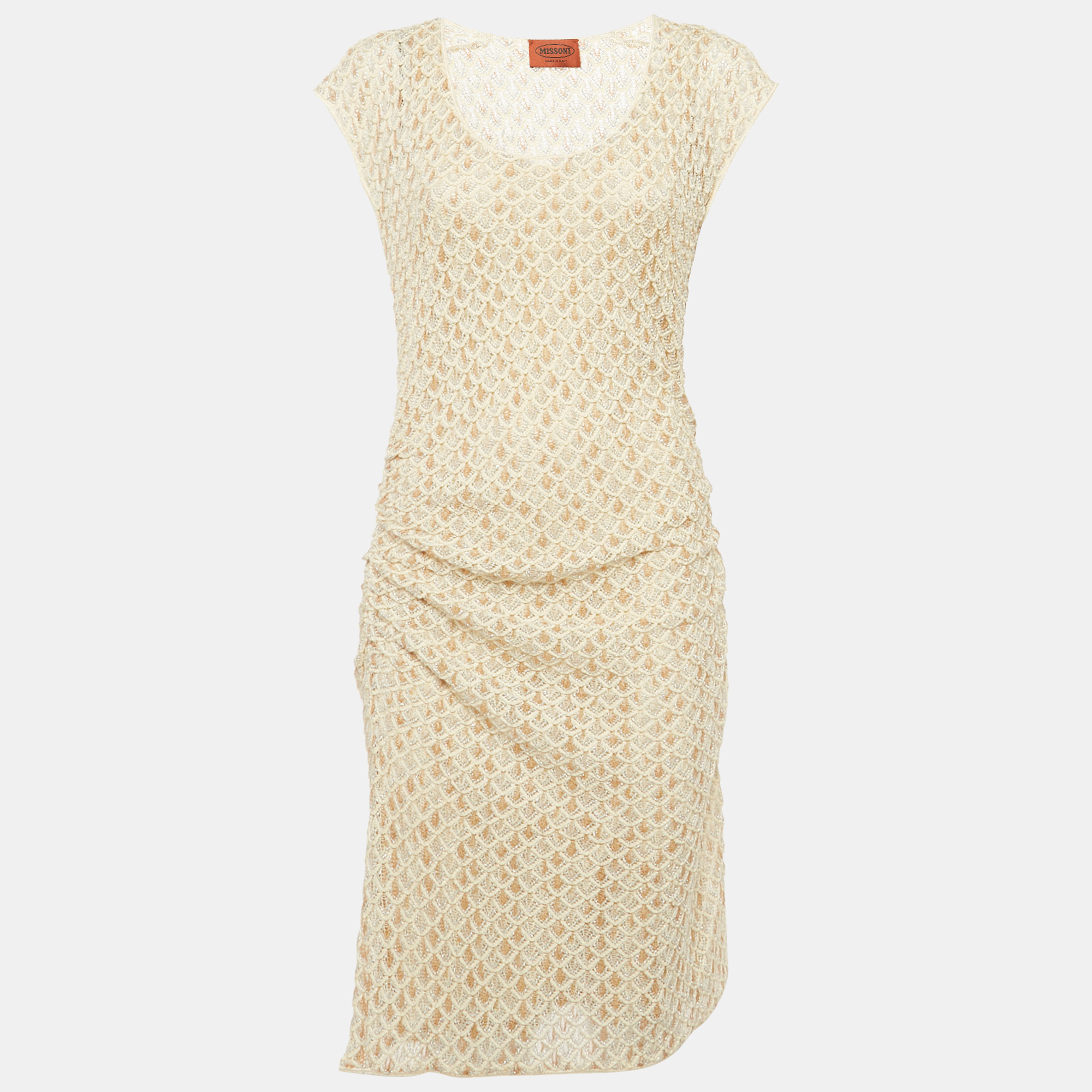 Pre-owned Missoni Beige Patterned Lurex Knit Ruche Midi Dress M In Sand