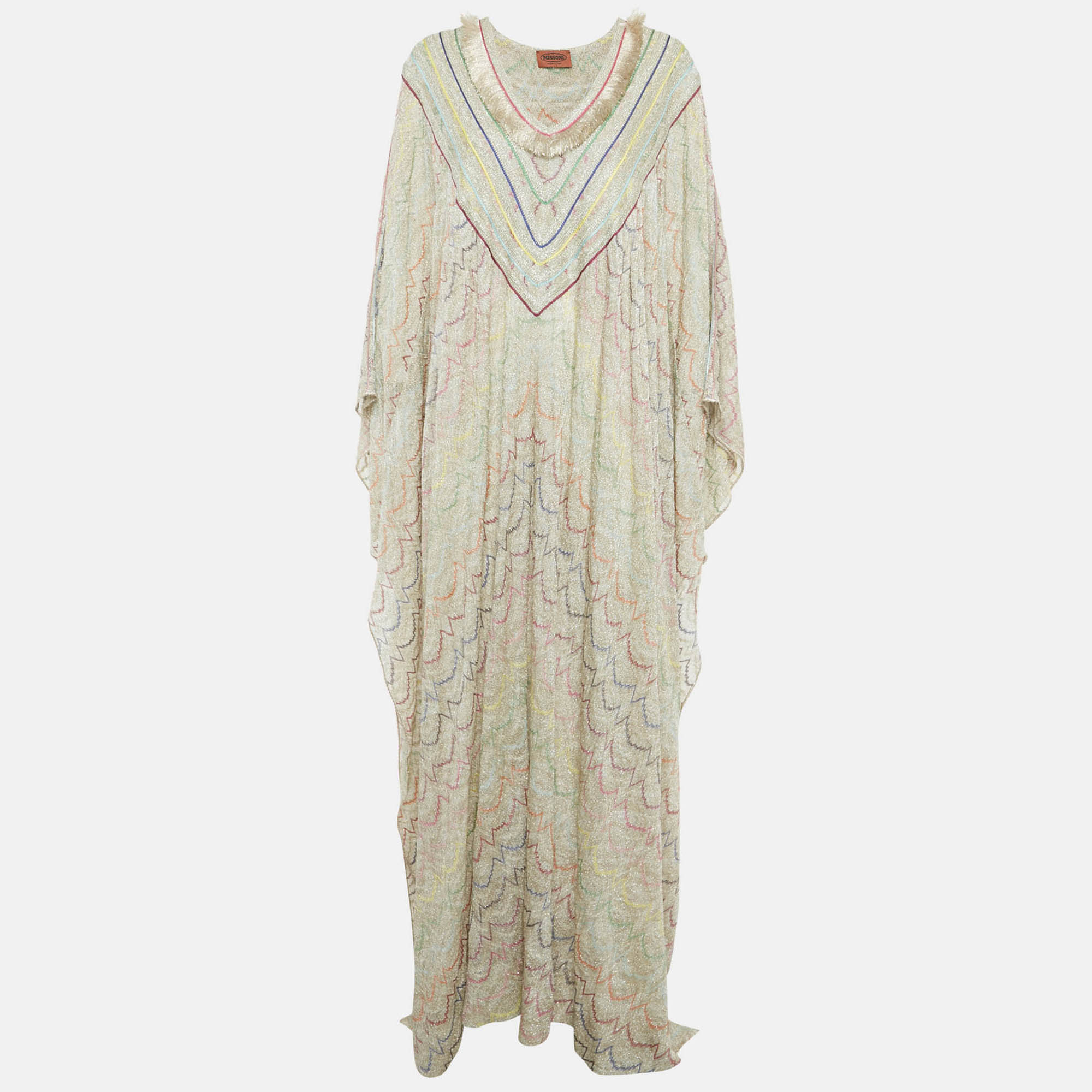 Missoni Beige Patterned Lurex Knit Fringed Neckline Kaftan L