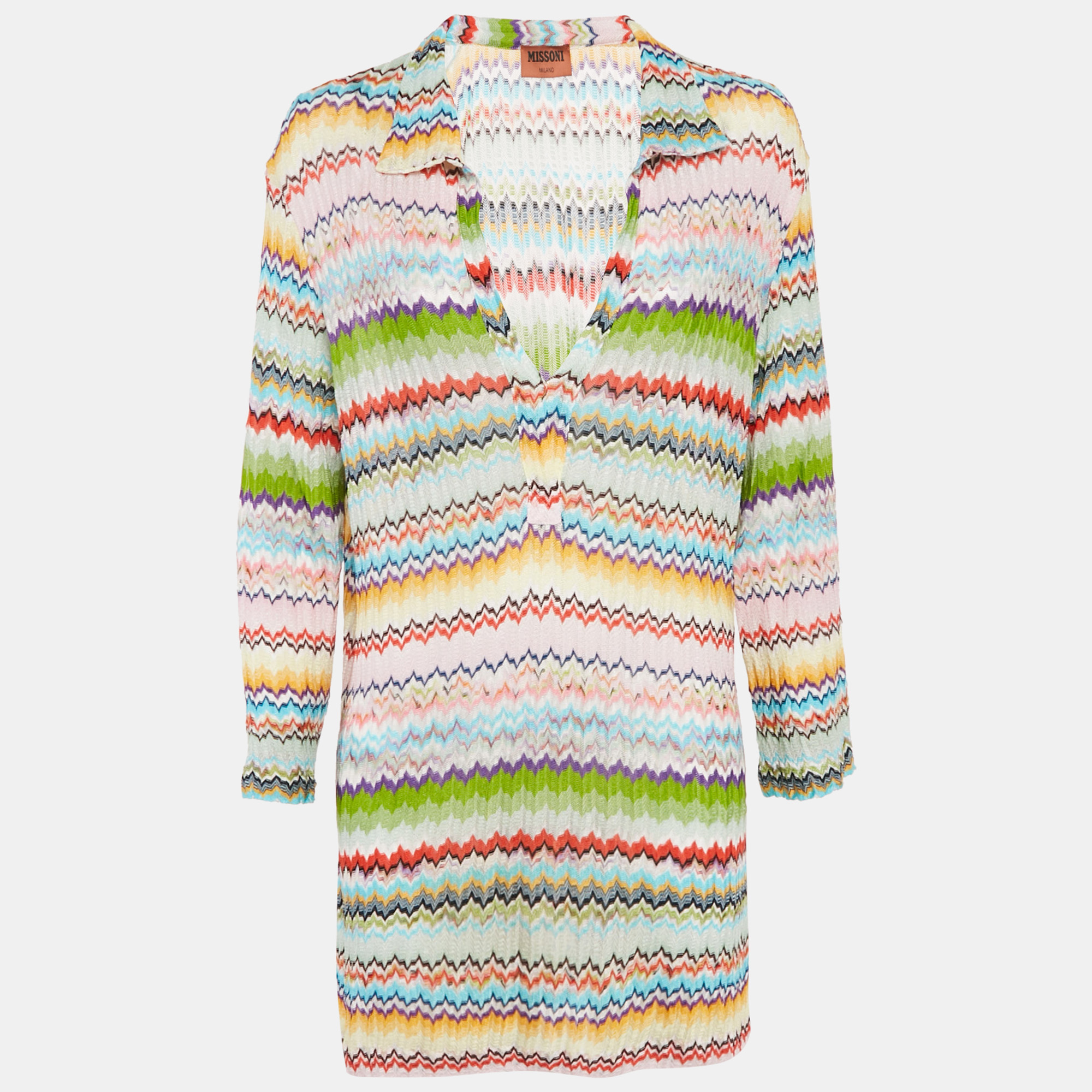 Pre-owned Missoni Multicolor Patterned Knit Plunge Neck Tunic Top M