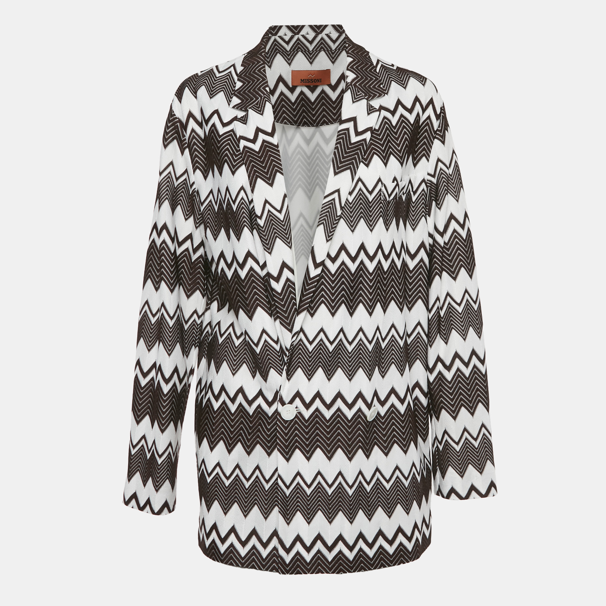 Pre-owned Missoni Brown /white Zig-zag Knit Double Breasted Oversized Blazer S