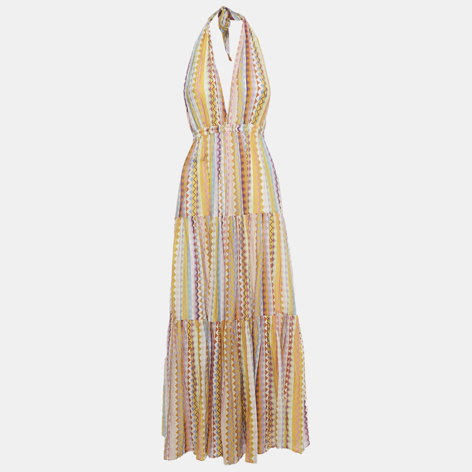 Pre-owned Missoni Multicolor Zig Zag Cotton Blend Halter Neck Sheer Maxi Dress S