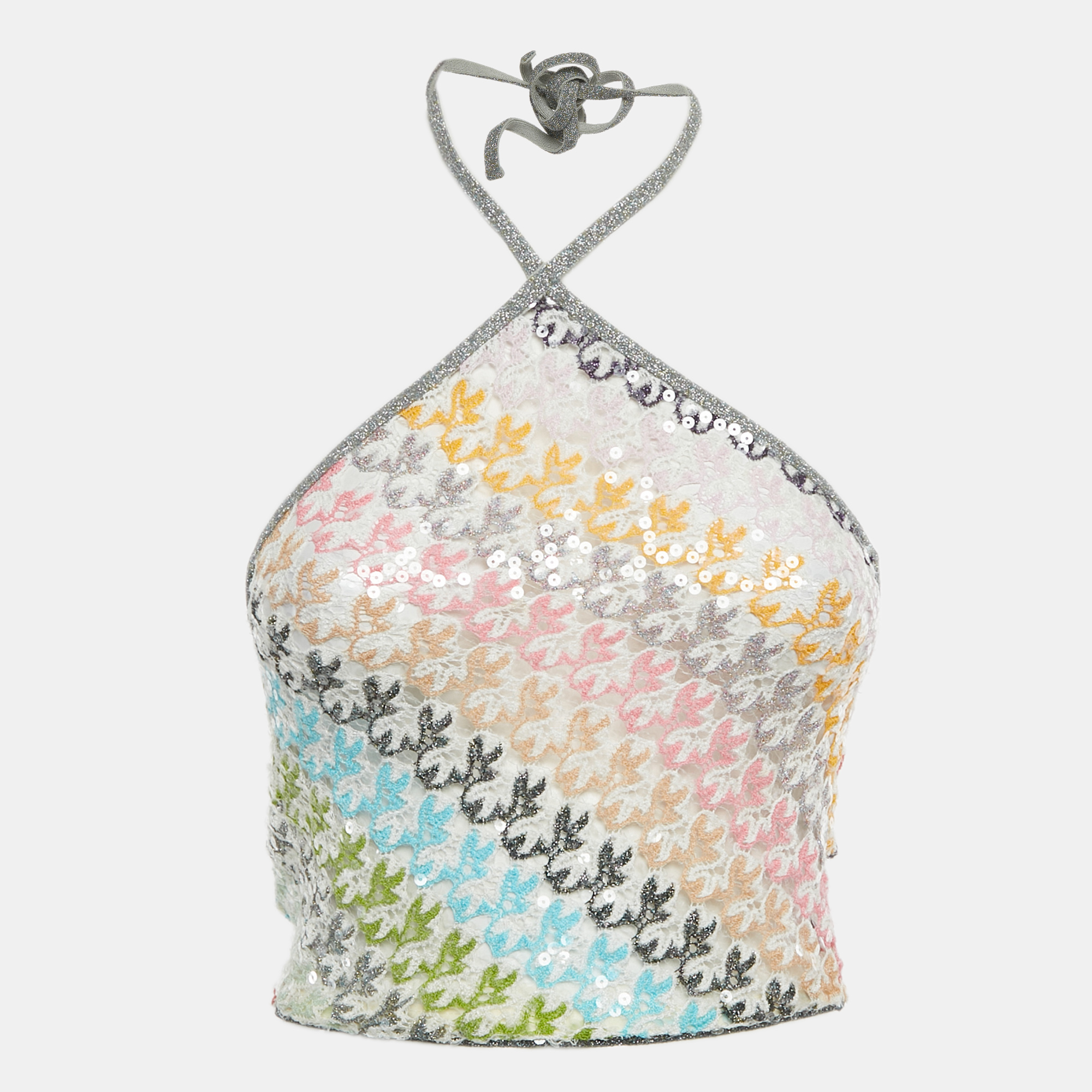 

Missoni Multicolor Sequin Lurex Open Knit Halter Neck Crop Top S