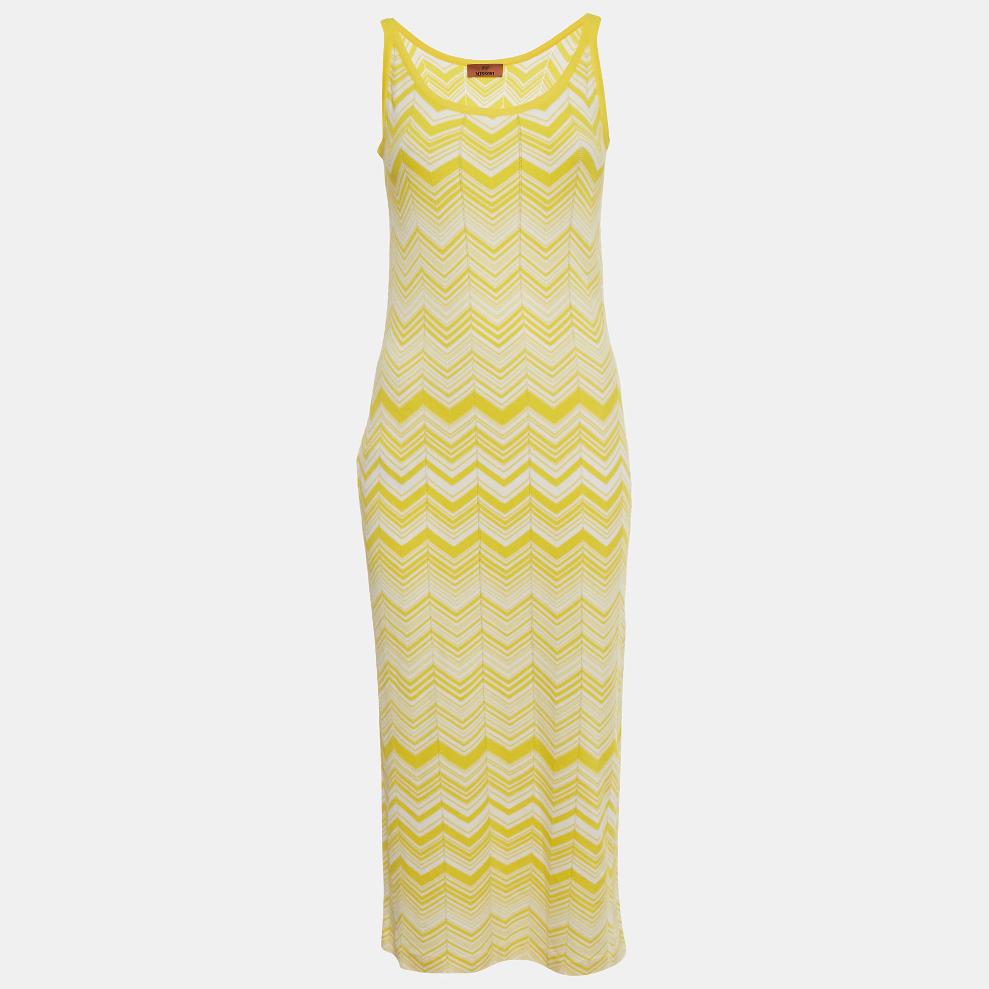 Pre-owned Missoni Yellow Zig Zag Stretch Knit Midi Dress L