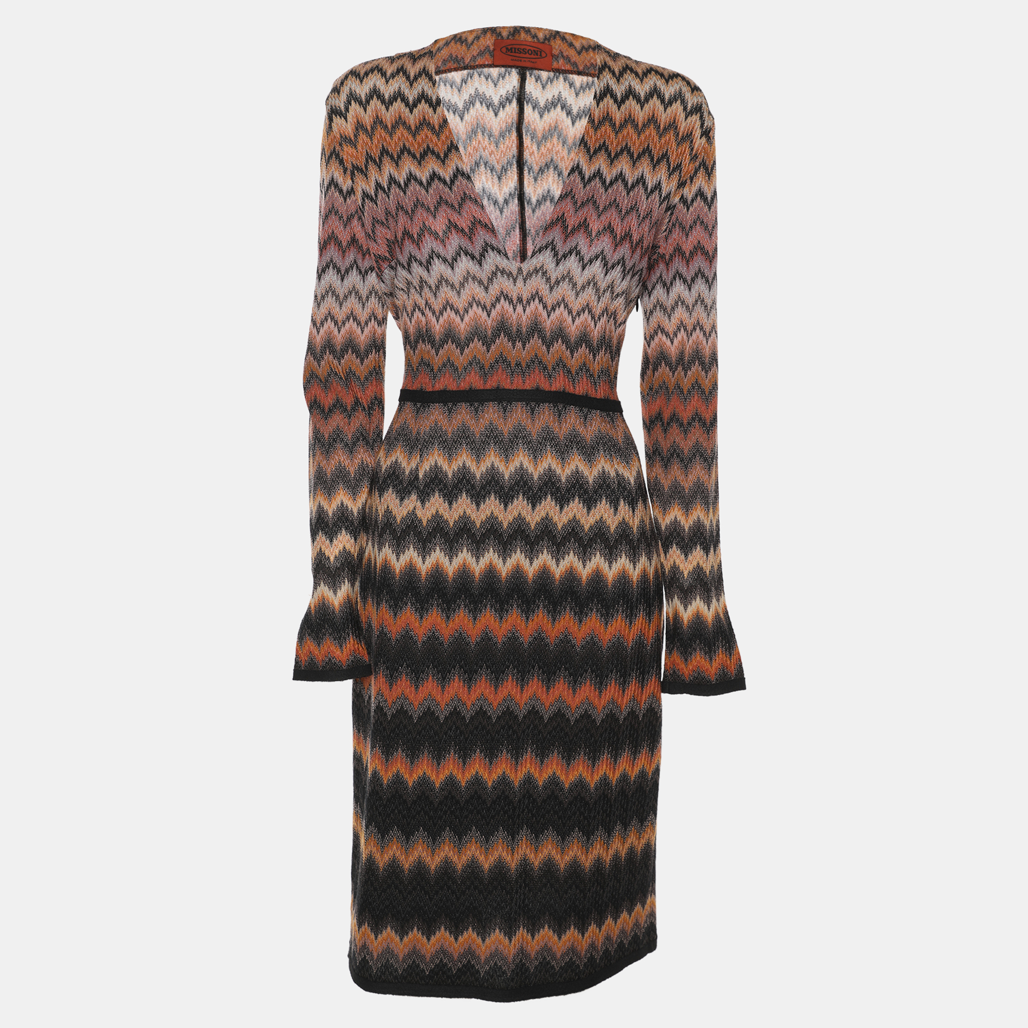 Pre-owned Missoni Multicolor Zig Zag Print Rib Knit Long Sleeve V Neck Midi Dress M In Silver