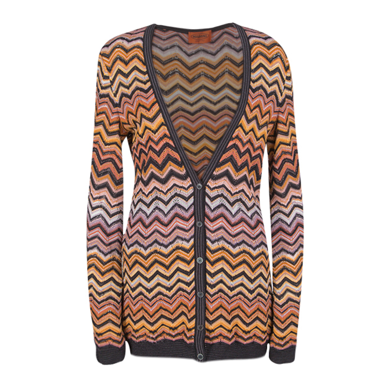 Pre Owned Missoni Multicolor Chevron Pattern Perforated Knit Button Front Long Cardigan M