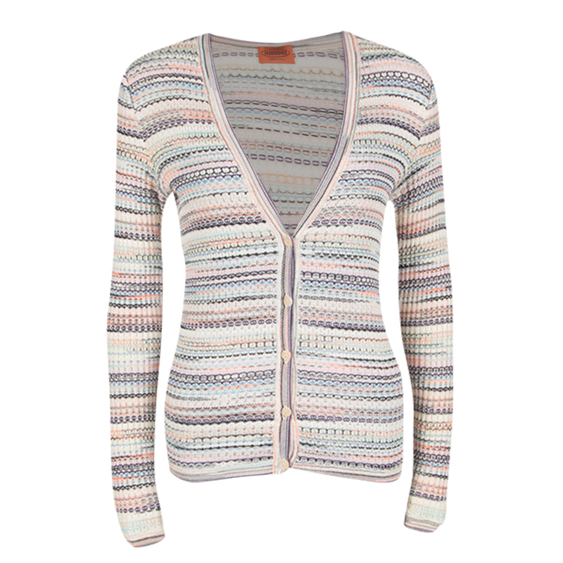 Pre Owned Missoni Multicolor Textured Knit Button Front Long Sleeve Cardigan L