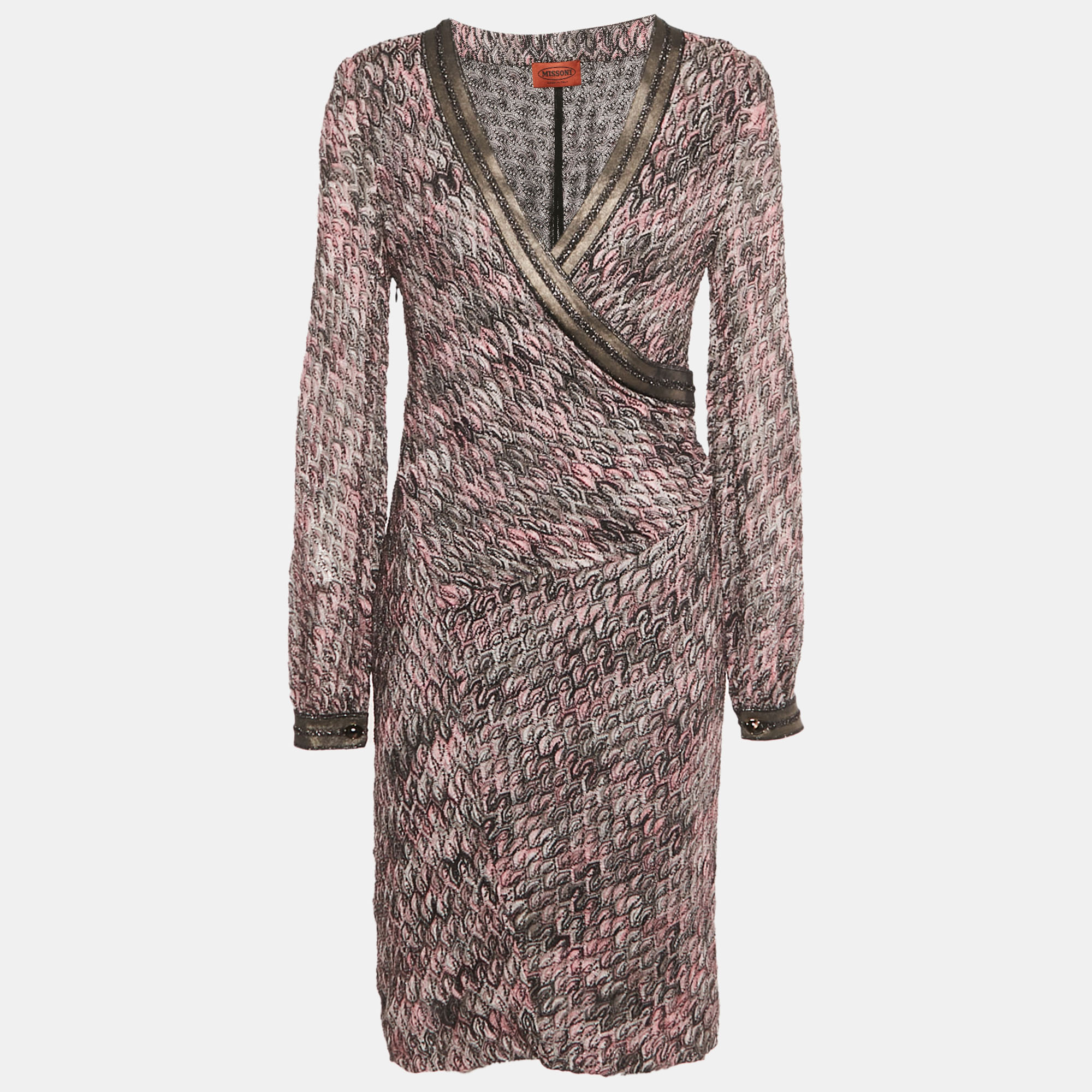 Pre-owned Missoni Pink Patterned Lurex Knit Faux Wrap Midi Dress L