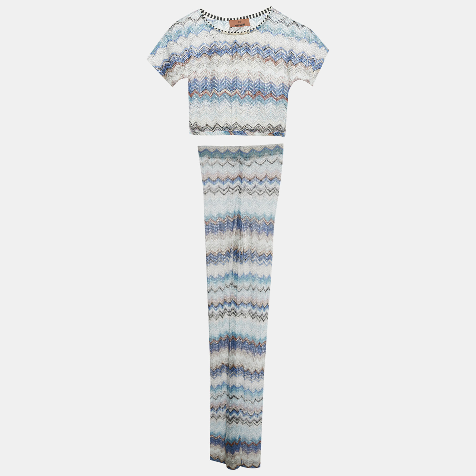 

Missoni Blue Zig Zag Lurex Crochet Knit Pant & Crop Top Set XS