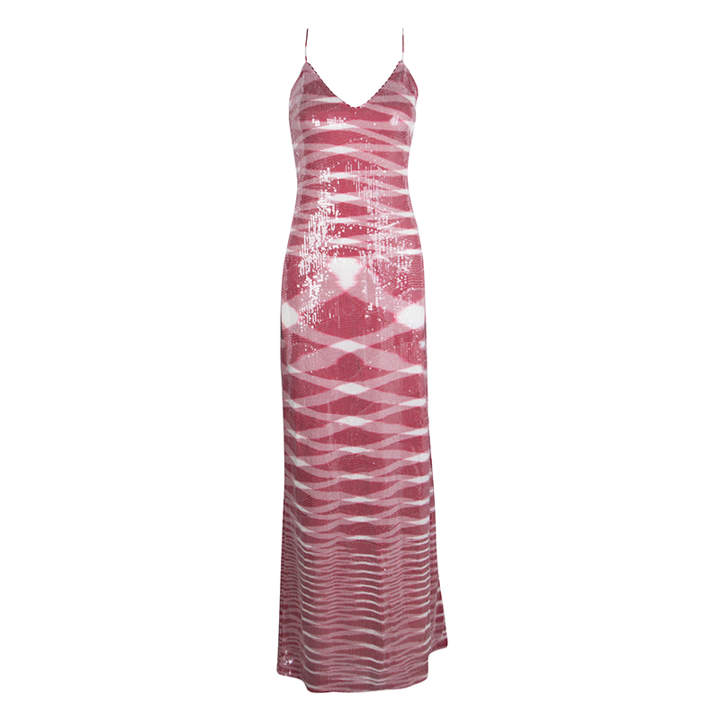 Pre Owned Missoni Red and White Sequin Embellished Knit Noodle Strap Maxi Dress M