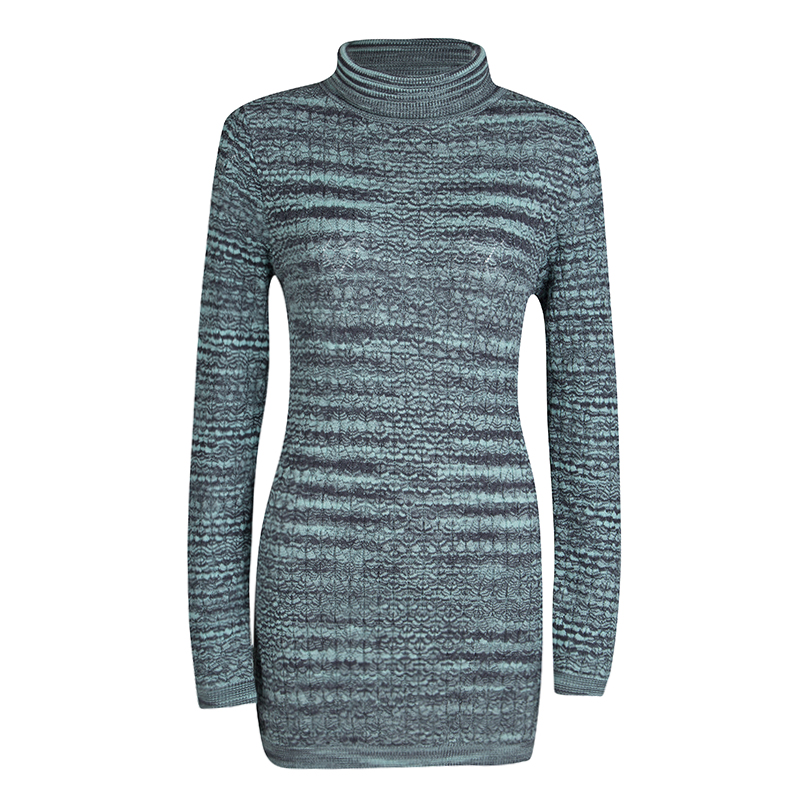Pre Owned Missoni Blue and Grey Perforated Wool Turtle Neck Sweater S