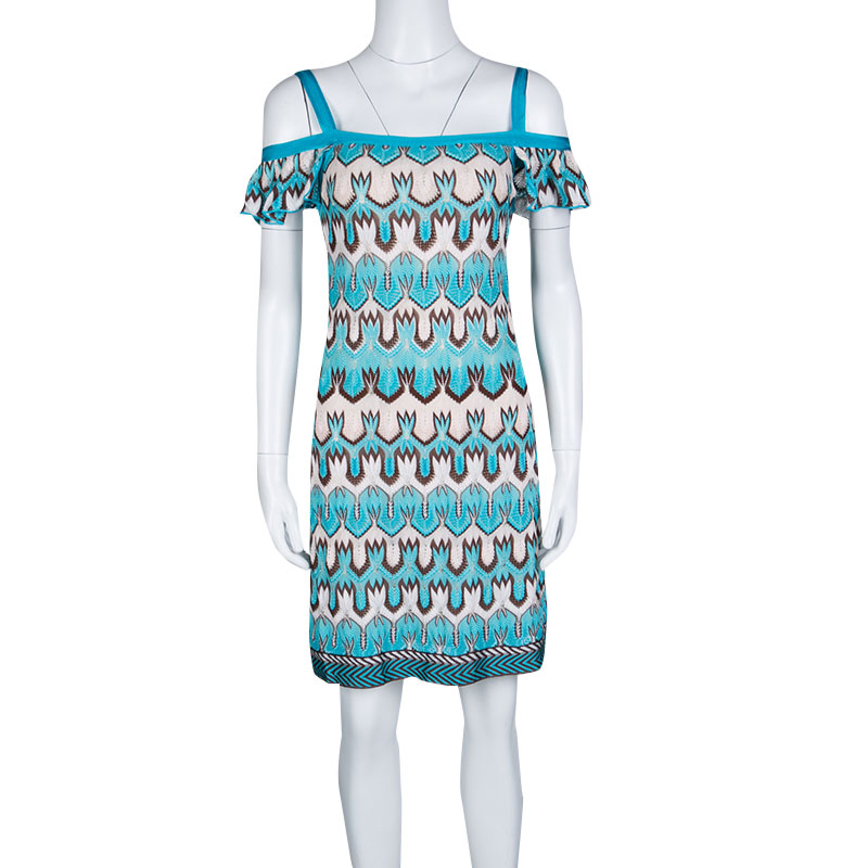 

Missoni Blue and Brown Perforated Patterned Knit Cold Shoulder Dress, Multicolor