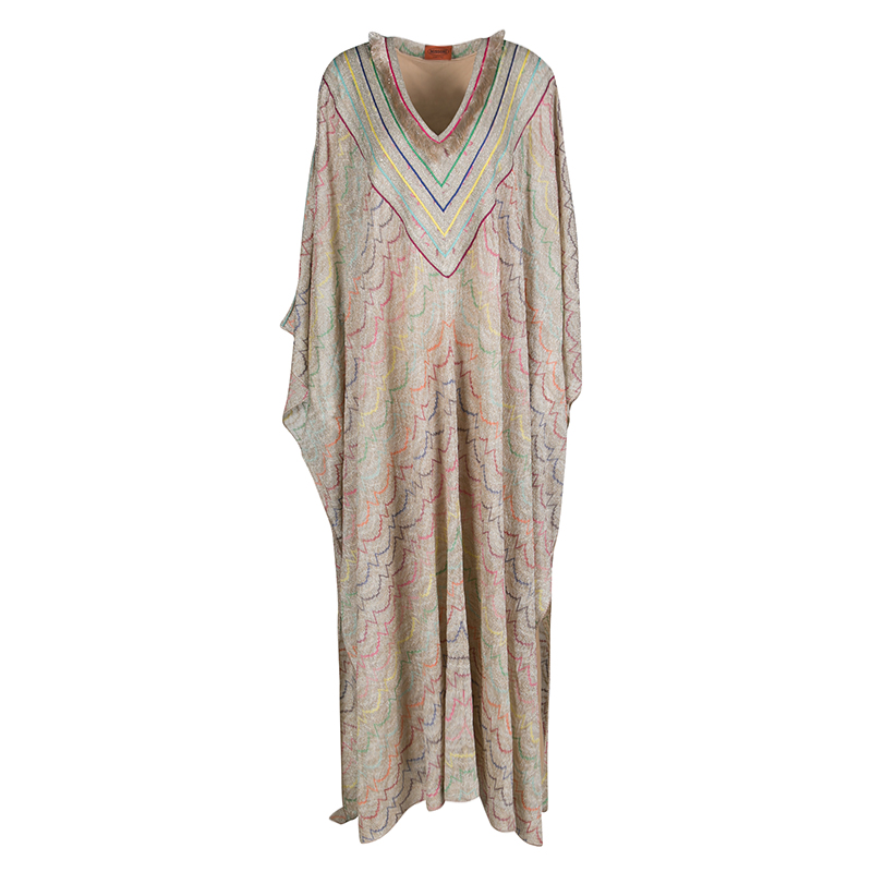 Pre Owned Missoni Beige Patterned Lurex Knit Fringed Neckline Kaftan S