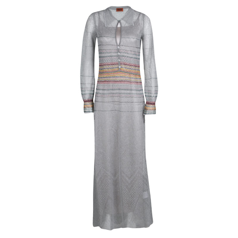 Pre Owned Missoni Grey Perforated Lurex Knit Detail Long Sleeve Maxi Dress S