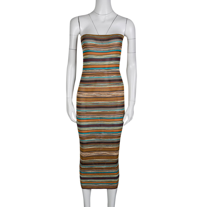 

Missoni Multicolor Striped Rib Knit Bodycon Strapless Tube Dress, Metallic