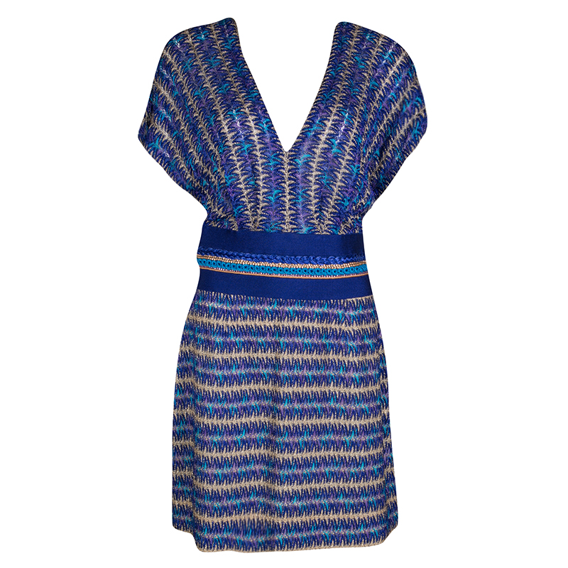 Pre Owned Missoni Blue Perforated Lurex Knit Blouson Dress M