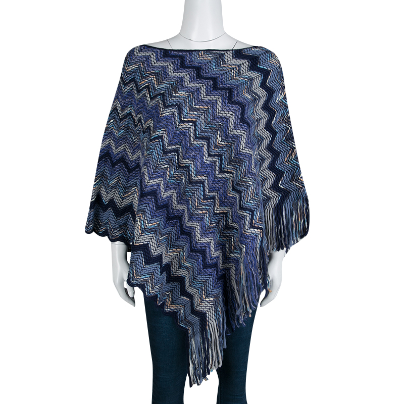 

Missoni Navy Blue Chevron Pattern Chunky Knit Fringed Edge Poncho