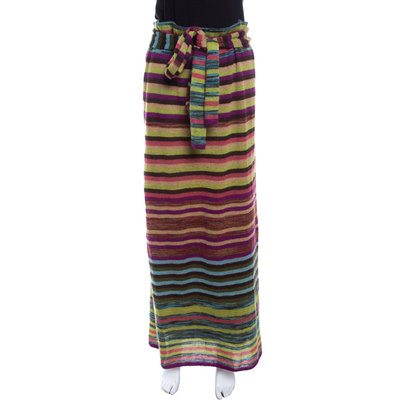 Pre Owned Missoni Multicolor Striped Knit Elasticized Waist Tie Detail Midi Skirt L