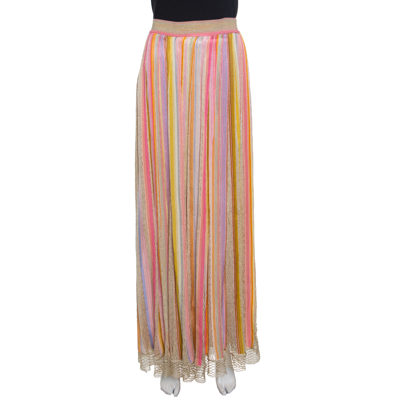 Pre Owned Missoni Multicolor Striped Perforated Lurex Knit Maxi Skirt L