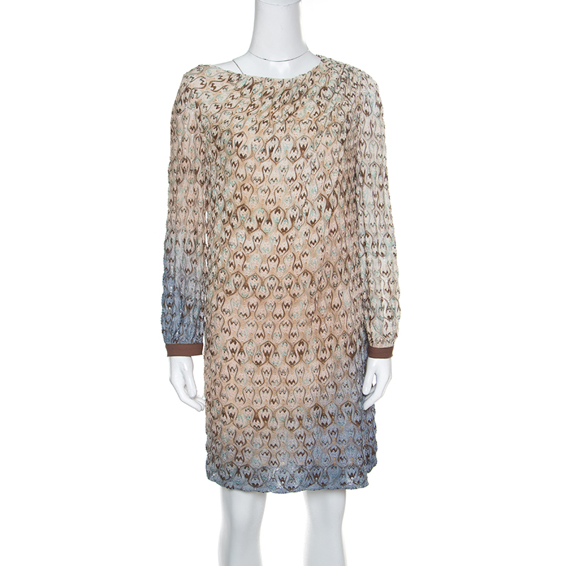 Missoni Brown and Blue Ombre Perforated Knit Draped Front Shift Dress M