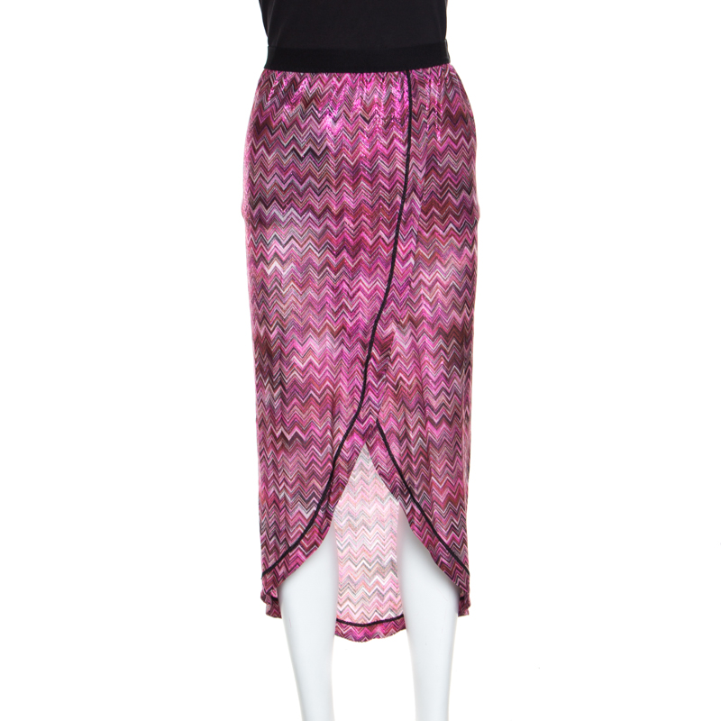 Pre Owned Missoni Mare Pink Chevron Pattern Lurex Knit Faux Wrap Skirt S