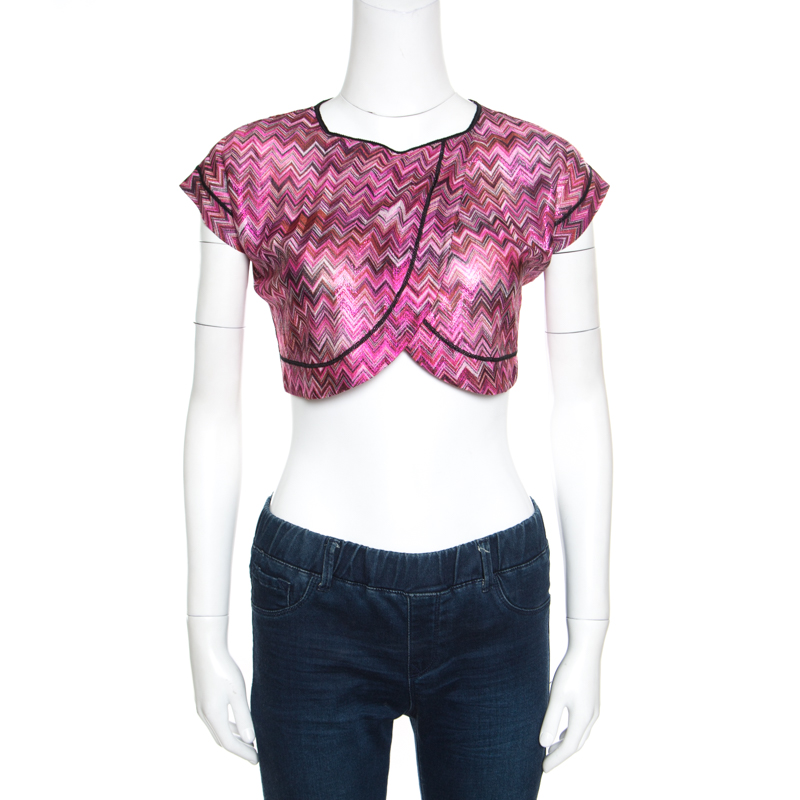Pre Owned Missoni Mare Pink Lurex Chevron Pattern Knit Faux Wrap Crop Top S