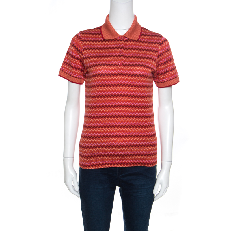 Pre Owned Missoni Burnt Orange Chevron Pattern Jacquard Knit Polo T-Shirt M