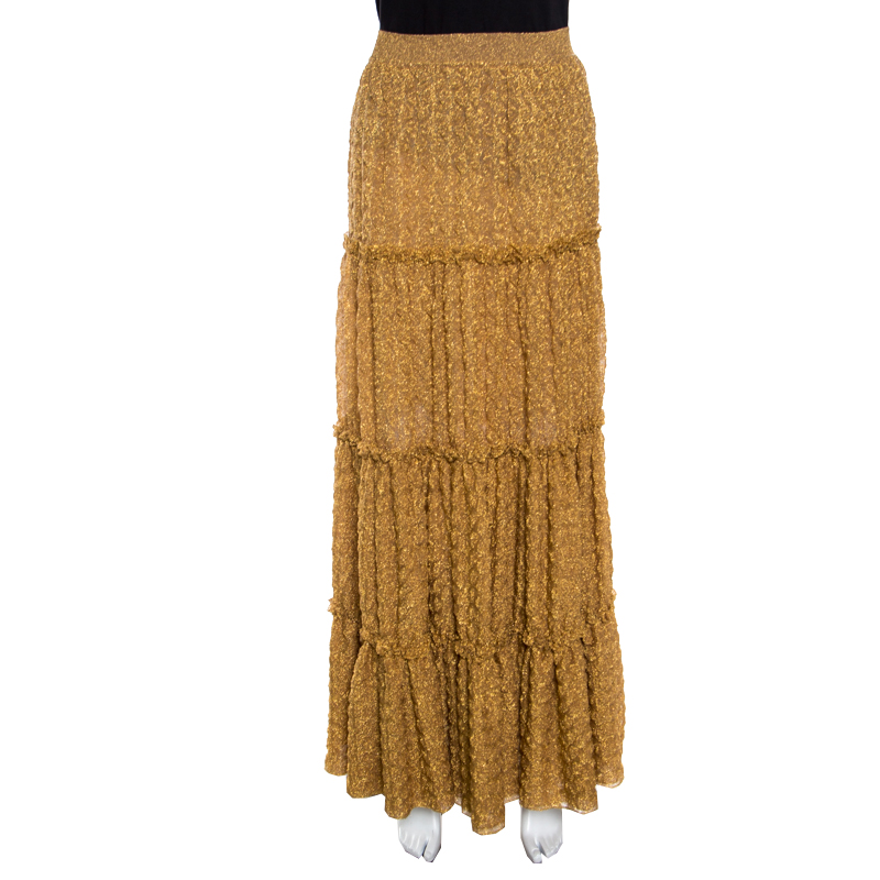 Pre Owned Missoni Metallic Gold Tiered Ruffle Detail Maxi Skirt S
