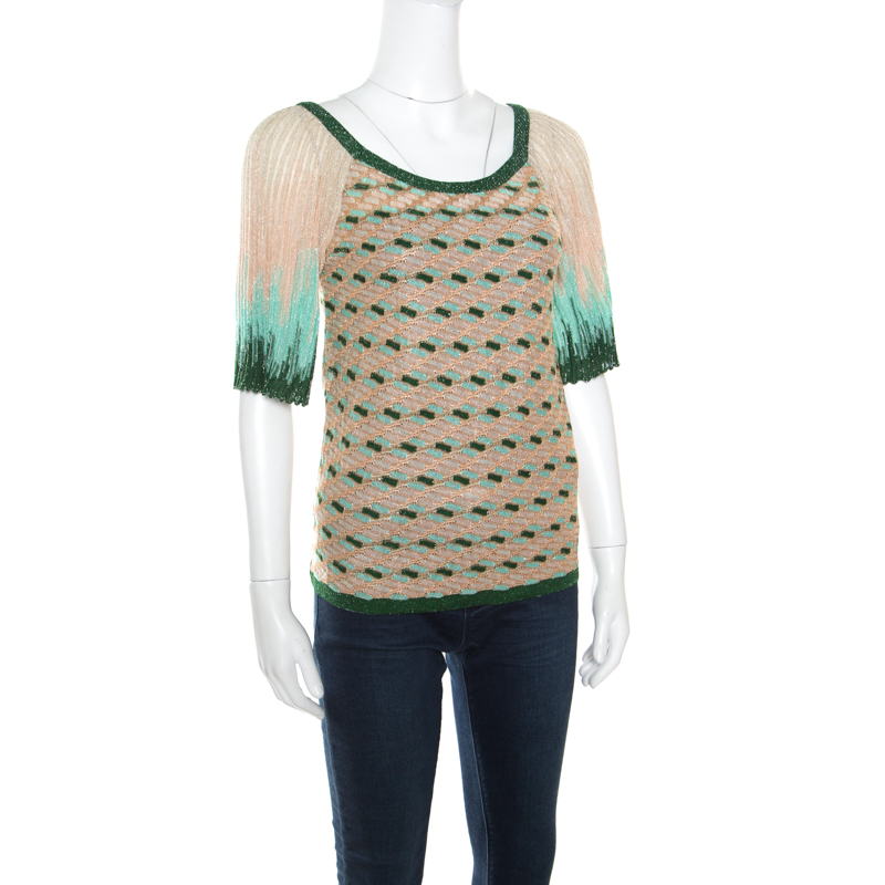 

M Missoni Beige and Green Lurex Knit Ombre Raglan Sleeve Top, Multicolor