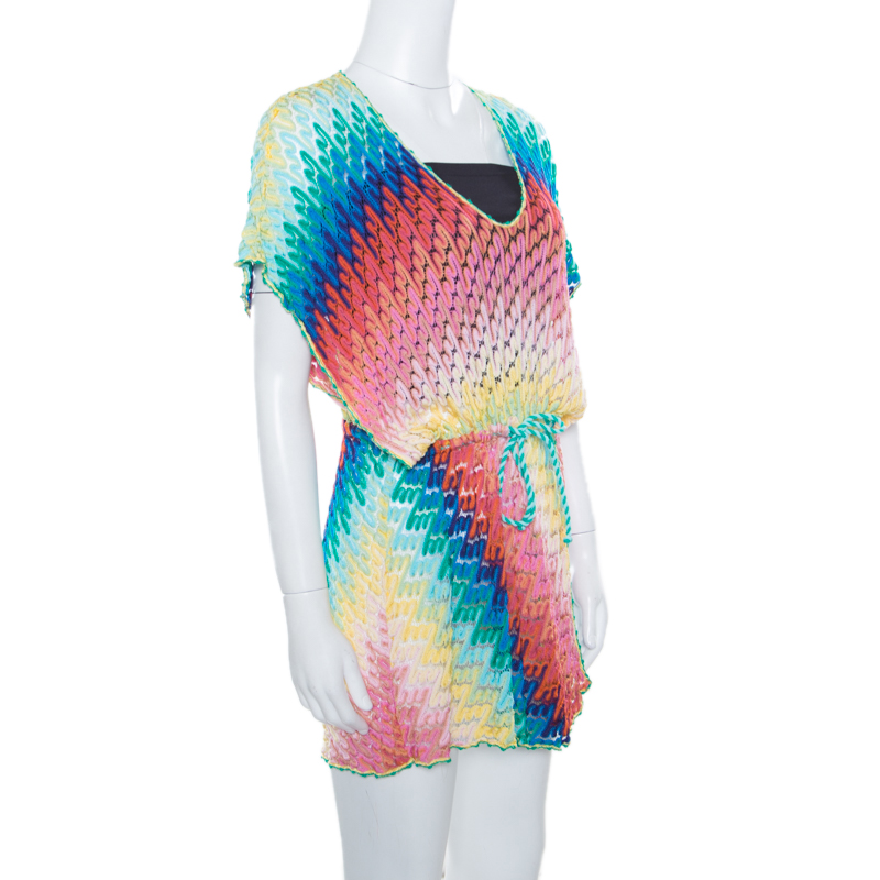 

Missoni Mare Multicolor Perforated Patterned Knit Faux Wrap Tie Detail Kaftan Dress