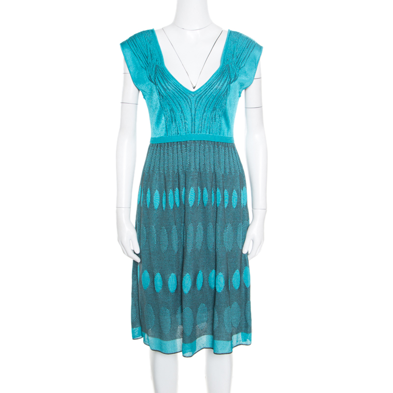 Pre Owned M Missoni Blue Patterned Knit Plunge Neck Sleeveless Dress L