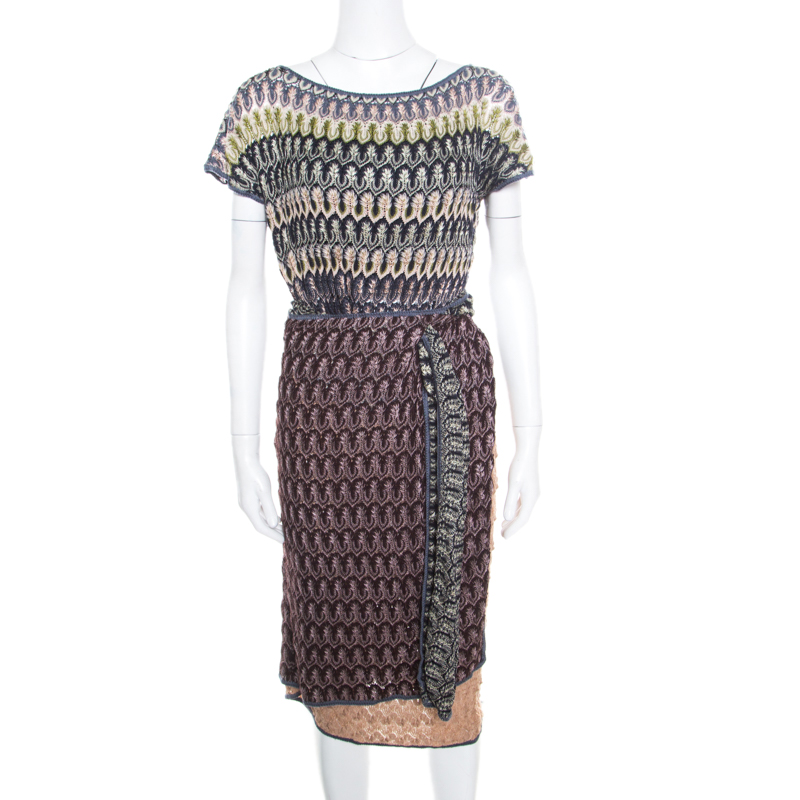 Missoni Multicolor Perforated Knit Short Sleeve Wrap Dress M
