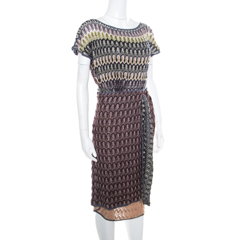 

Missoni Multicolor Perforated Knit Short Sleeve Wrap Dress
