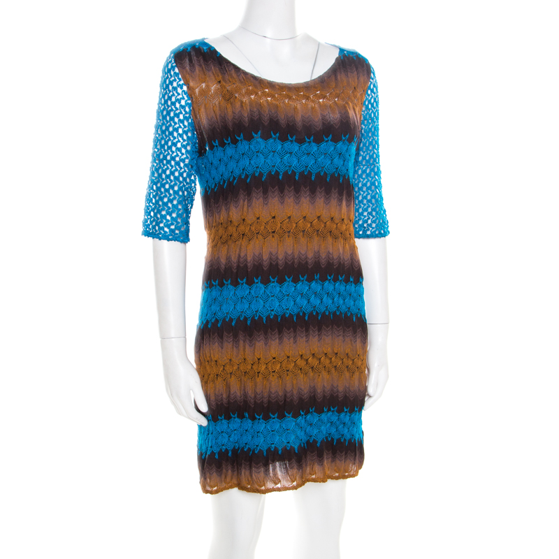 

Missoni Blue and Brown Perforated Knit Short Sleeve Dress