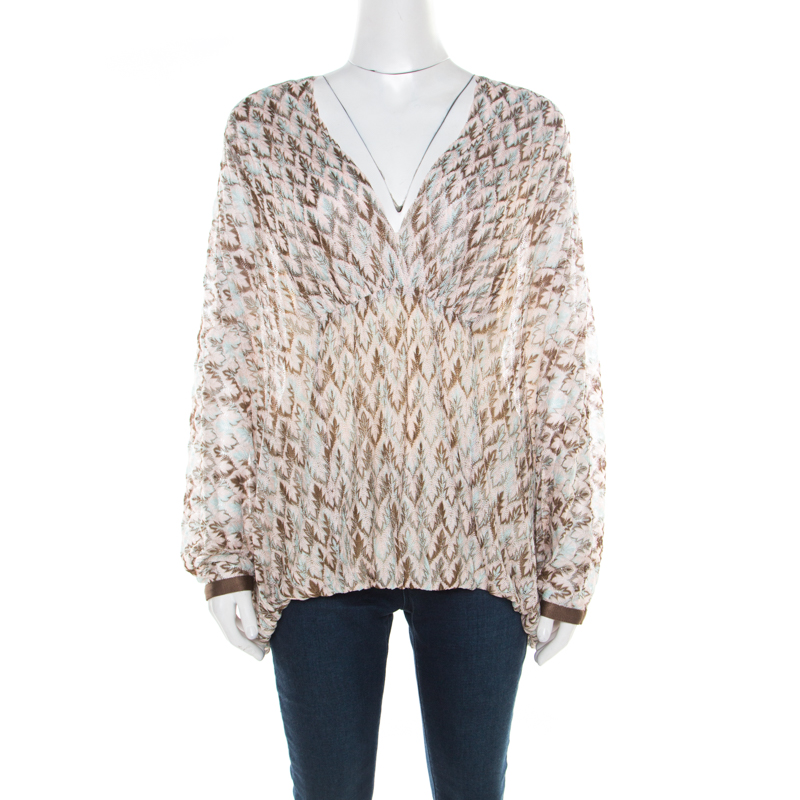 Pre Owned Missoni Pink and Brown Perforated Knit Plunge Neck Kaftan Top M