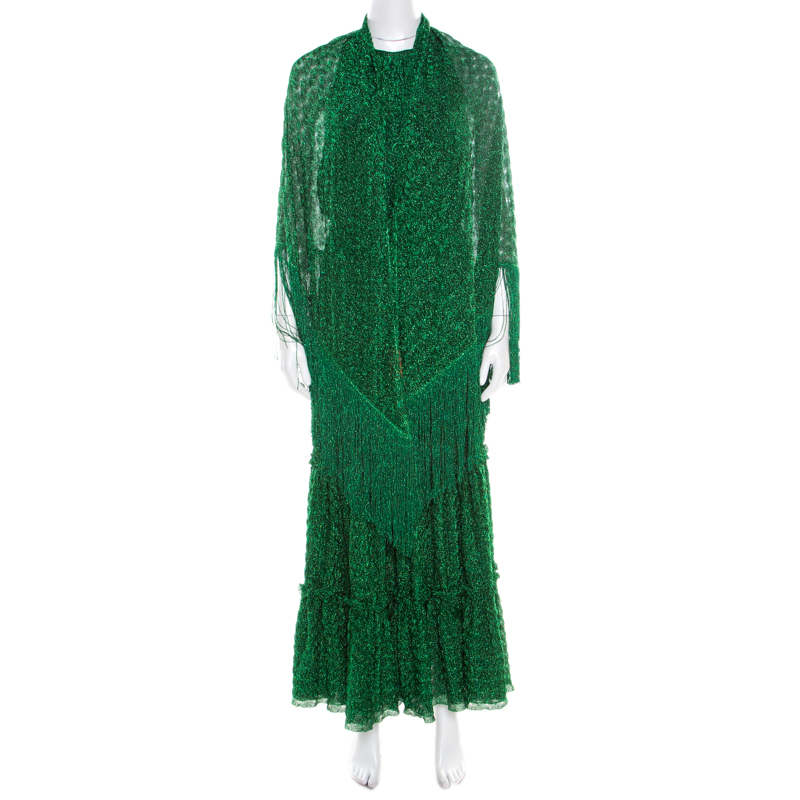 

Missoni Metallic Green Knit Neck Tie Detail Tiered Maxi Dress and Fringed Wrap Set M