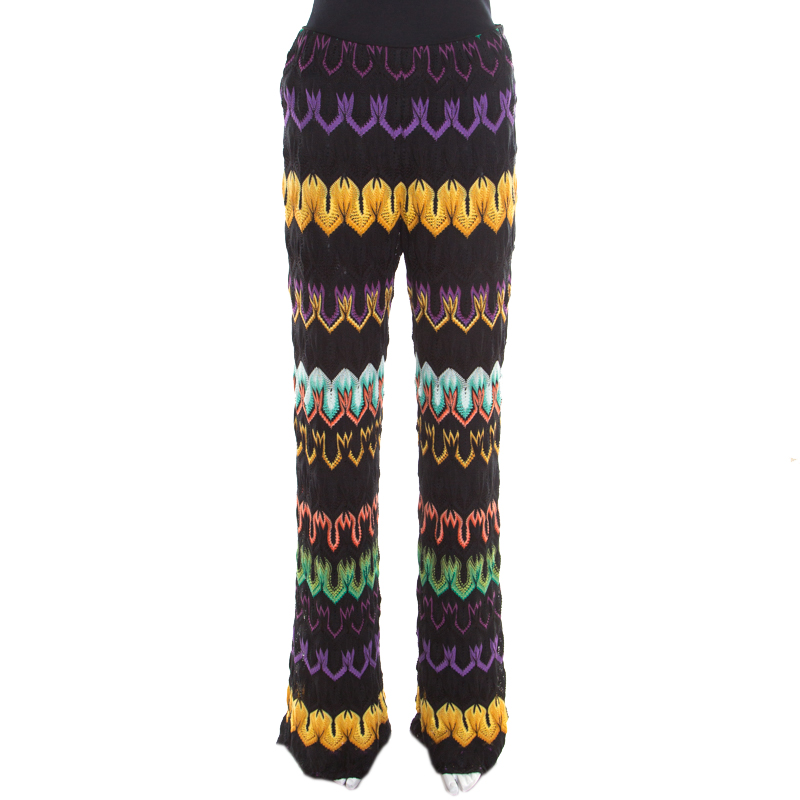 Pre Owned Missoni Multicolor Patterned Perforated Knit Elasticized Waist Wide Leg Pants M